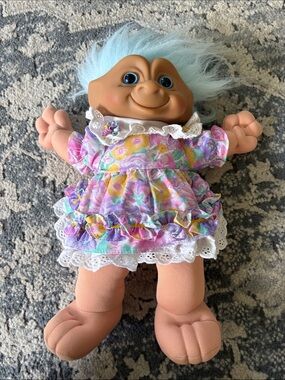 13” VINTAGE 1991 ACE NOVELTY TREASURE TROLLS BLUE HEART JEWEL PLUSH